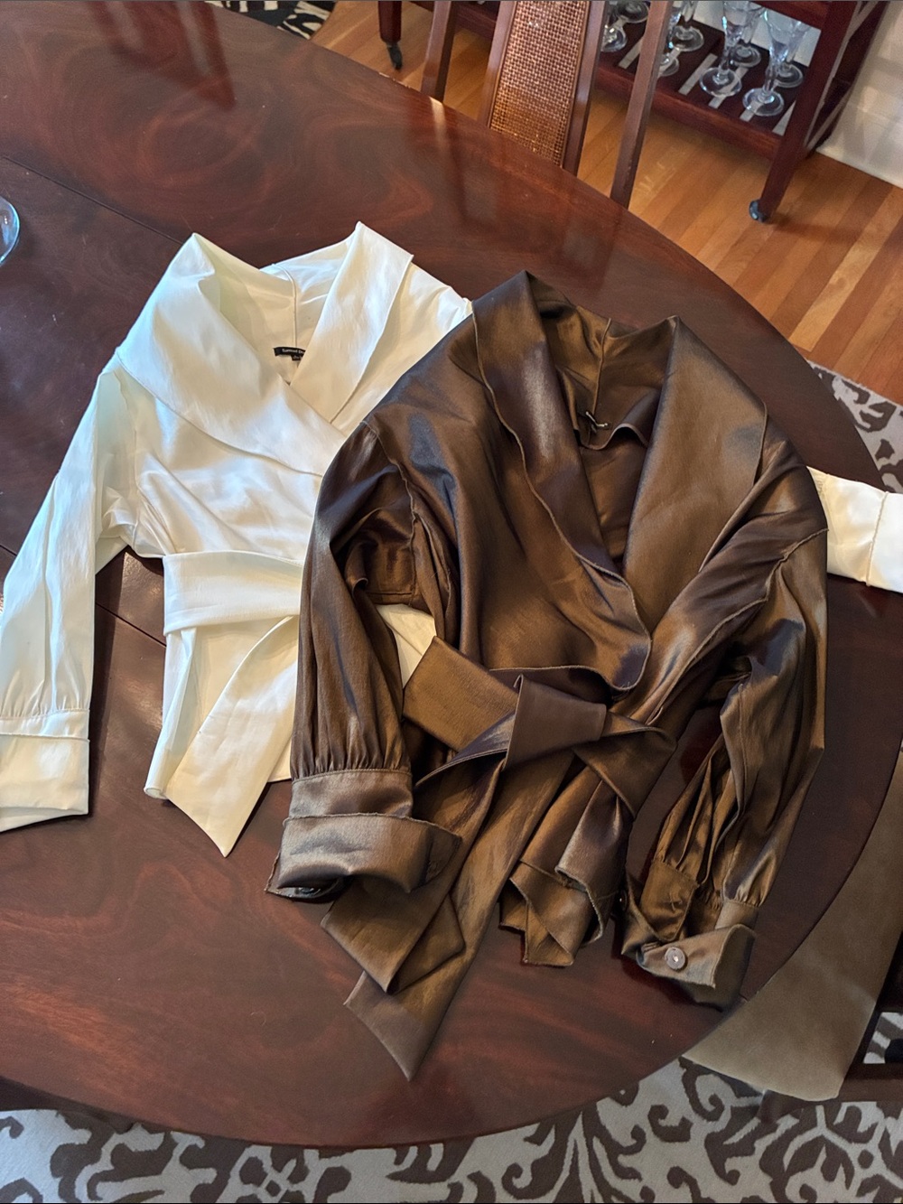 Samuel Dong Satin Wrap Blouse in Brown and Cream